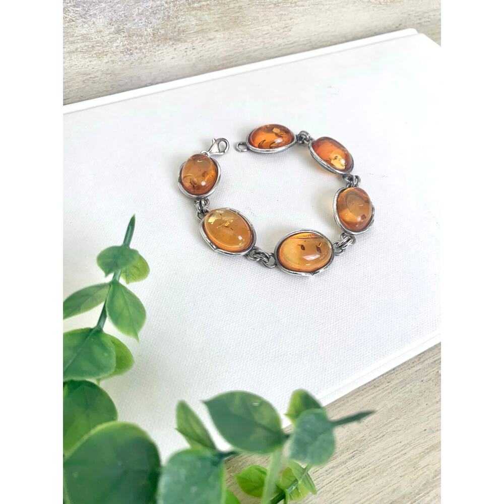 Vintage 925 Sterling Silver Amber Bracelet Six Stone Oval Link Jewelry Boho